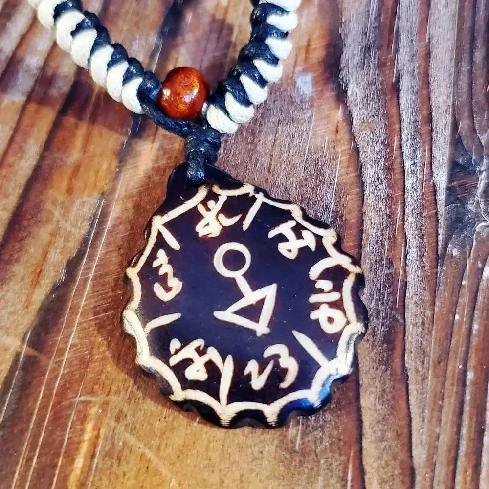 Hand Crafted Tribal Buffalo Bone Sanskrit Symbols Necklace from India